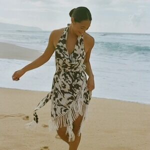 By Anthropologie Fringe Wrap Cover-up Dress Halter Top Sleeveless Size XL‎
